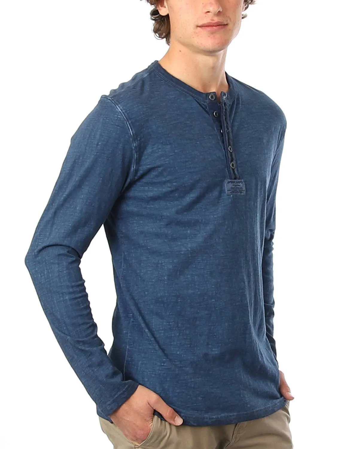 DHLS502 -Long Sleeve Crew Neck Vintage Button Henley T-Shirt