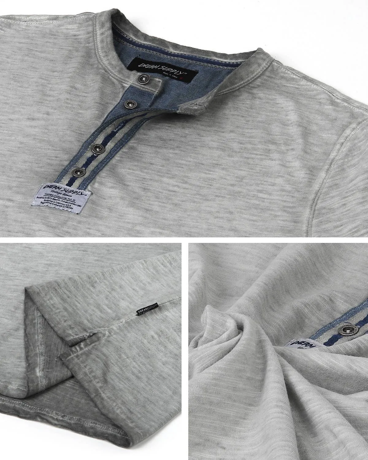 DHLS502 -Long Sleeve Crew Neck Vintage Button Henley T-Shirt