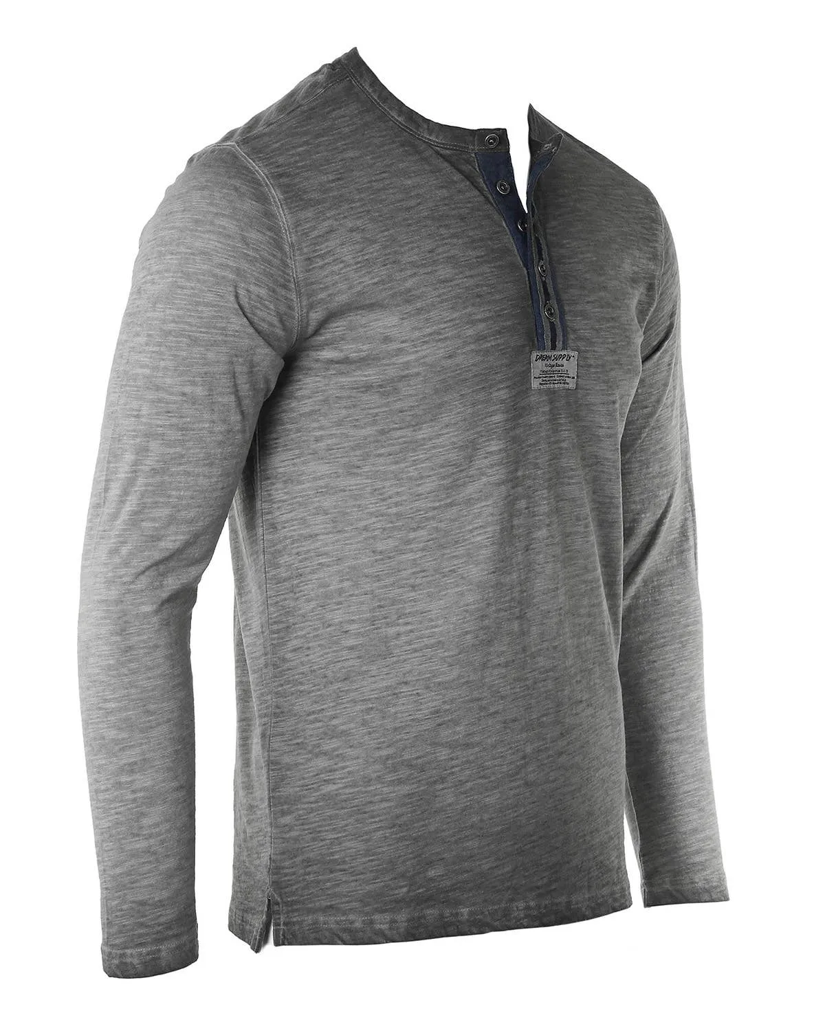 DHLS502 -Long Sleeve Crew Neck Vintage Button Henley T-Shirt
