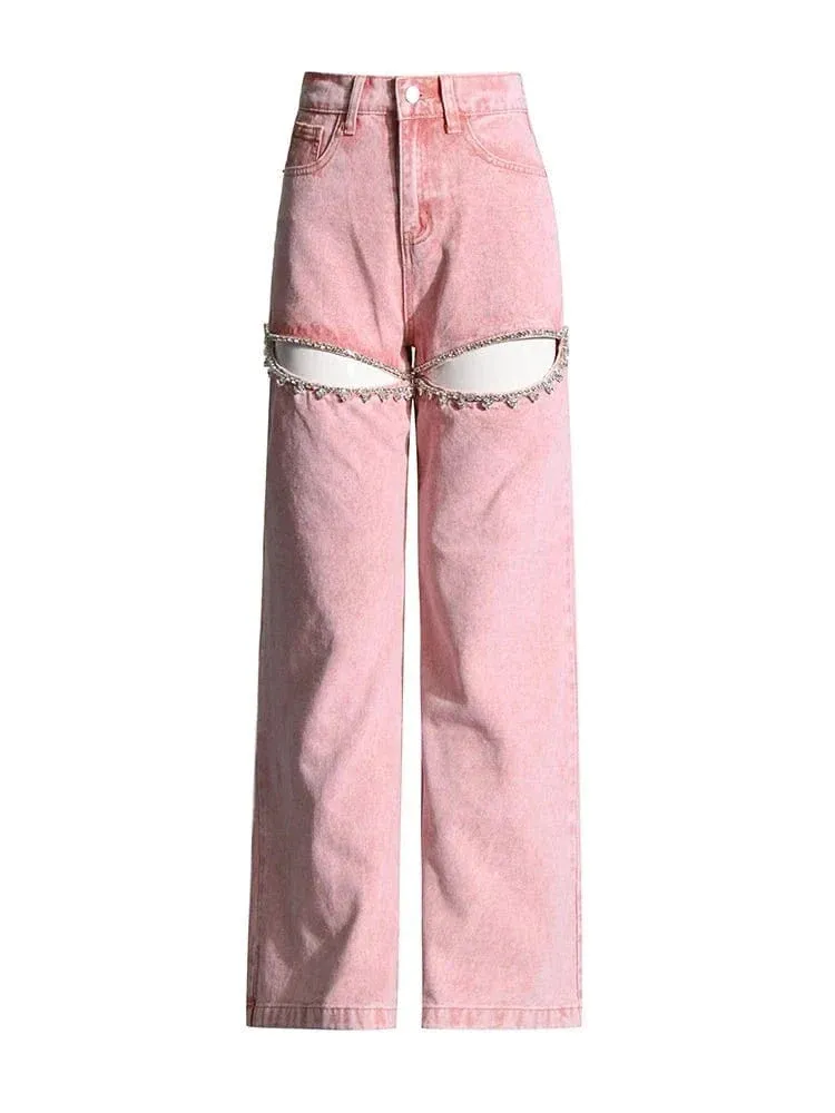 Diamond Distressed Wide-Leg Jeans