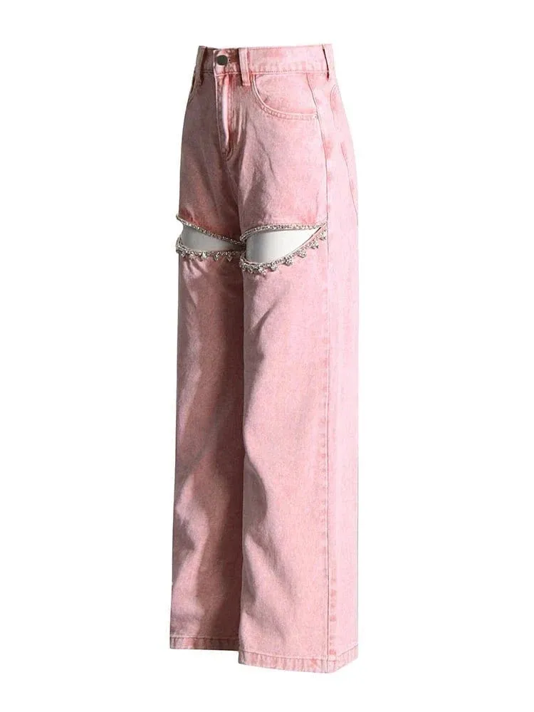 Diamond Distressed Wide-Leg Jeans