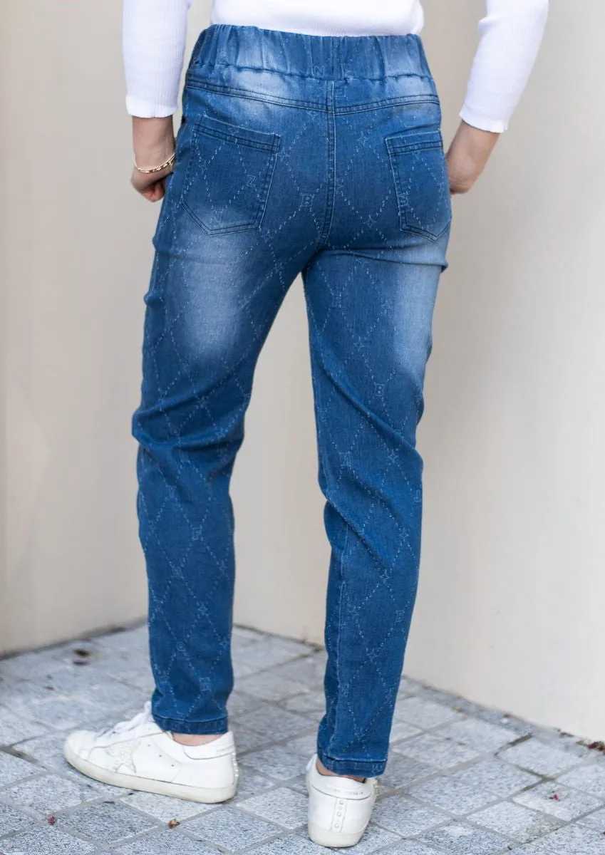 Diamond Pattern Drawstring Jeans