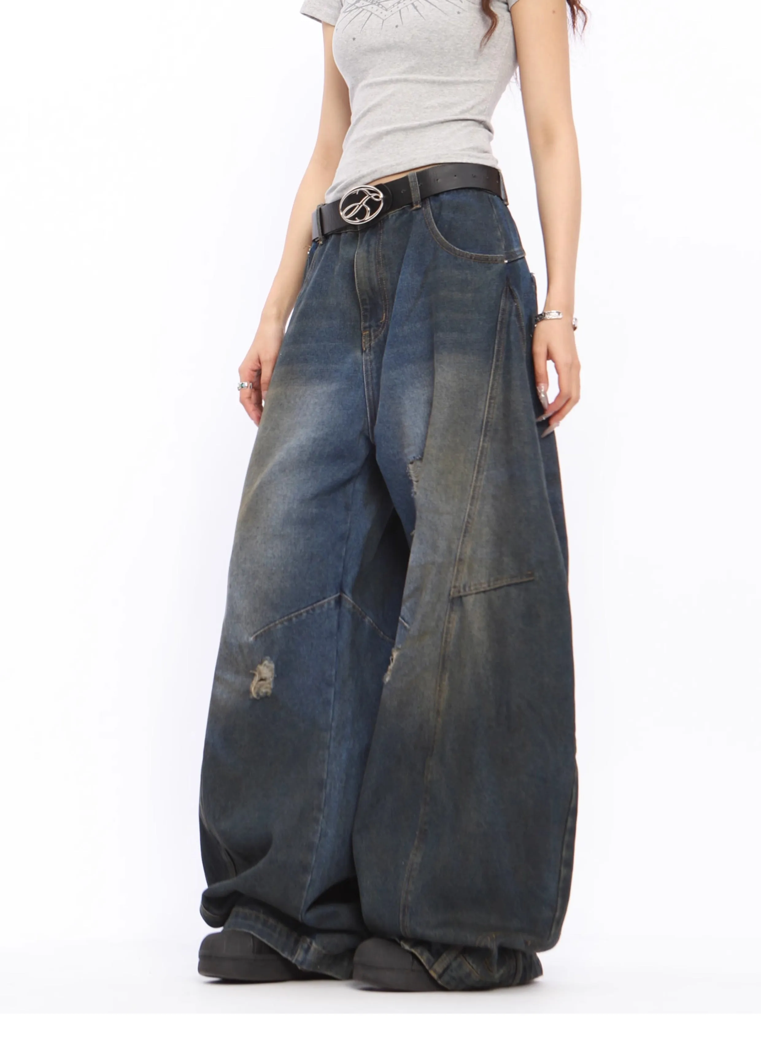 Dirty-dyed wide-leg ripped jeans