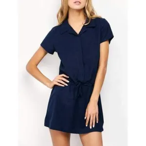 Drawstring Mini Casual Dress With Short Sleeve - Purplish Blue M