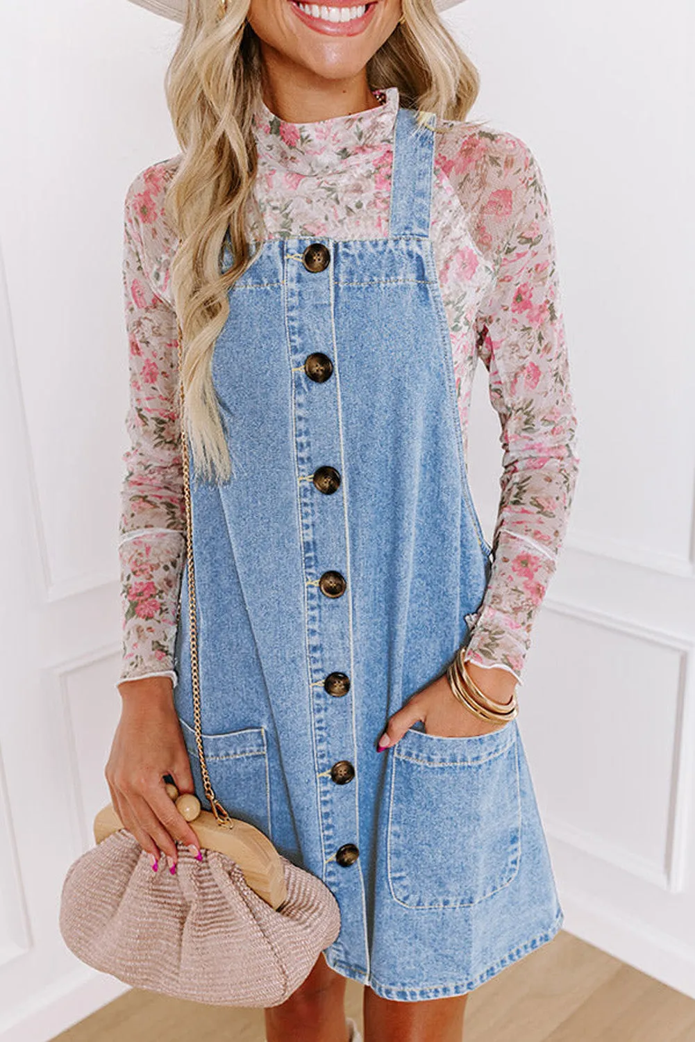 Dusk Blue Wide Strap Button Front Pocketed Denim Mini Dress