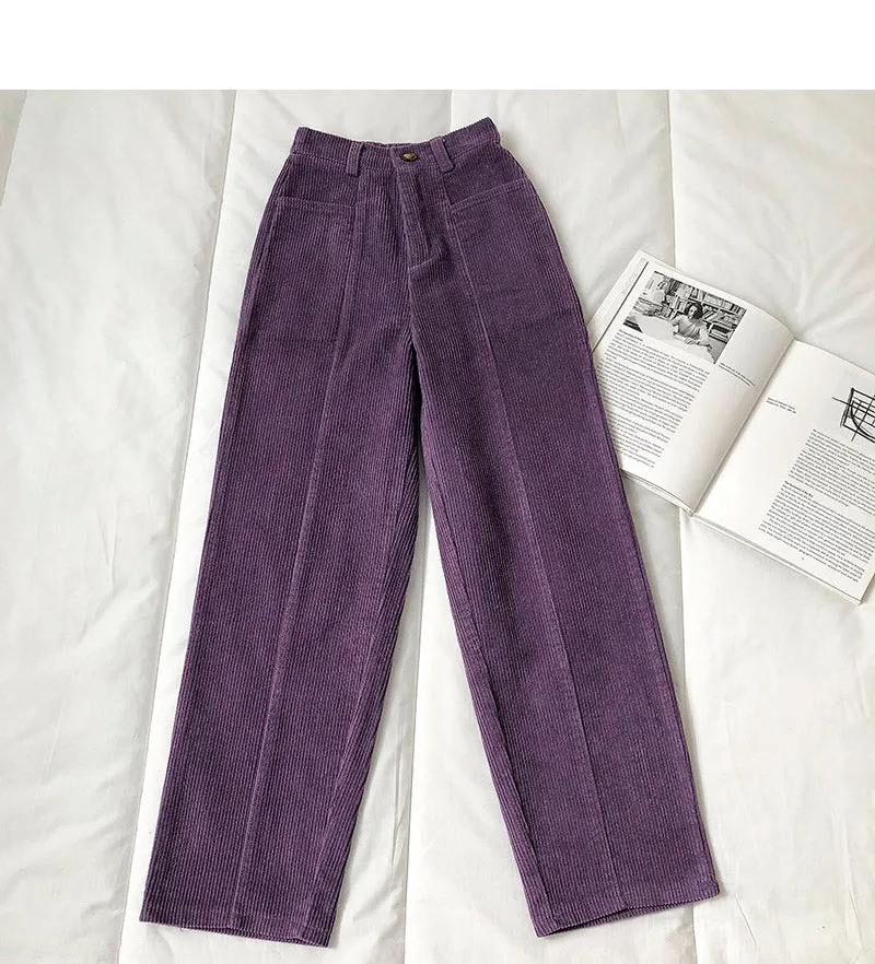 Elastic Waist Loose Long Straight Corduroy Pants