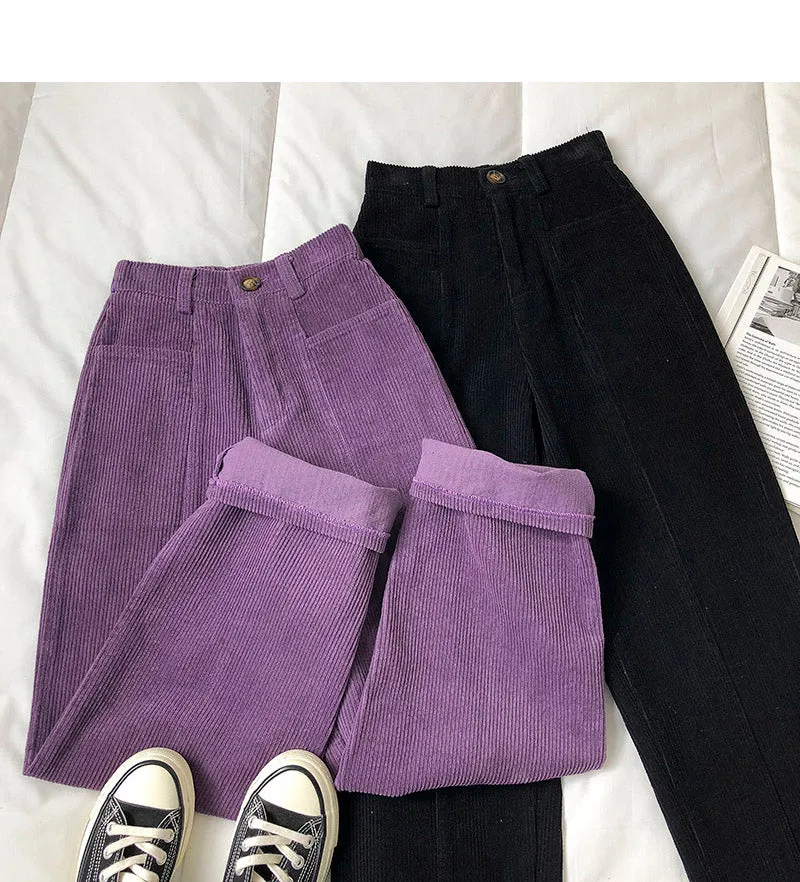 Elastic Waist Loose Long Straight Corduroy Pants