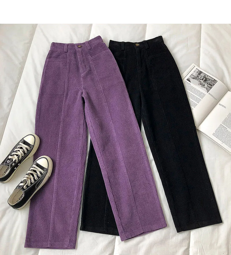Elastic Waist Loose Long Straight Corduroy Pants