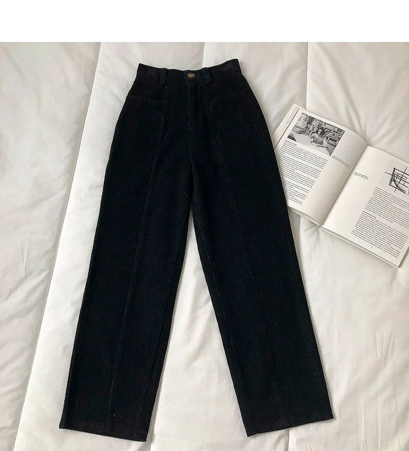 Elastic Waist Loose Long Straight Corduroy Pants