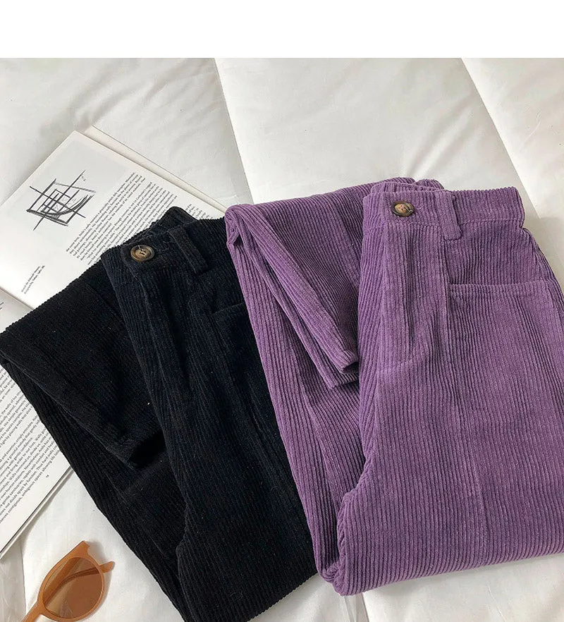 Elastic Waist Loose Long Straight Corduroy Pants