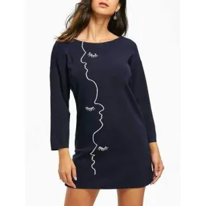 Eyelet Embroidered Rhinestone Slit Sweater Dress - Purplish Blue One Size