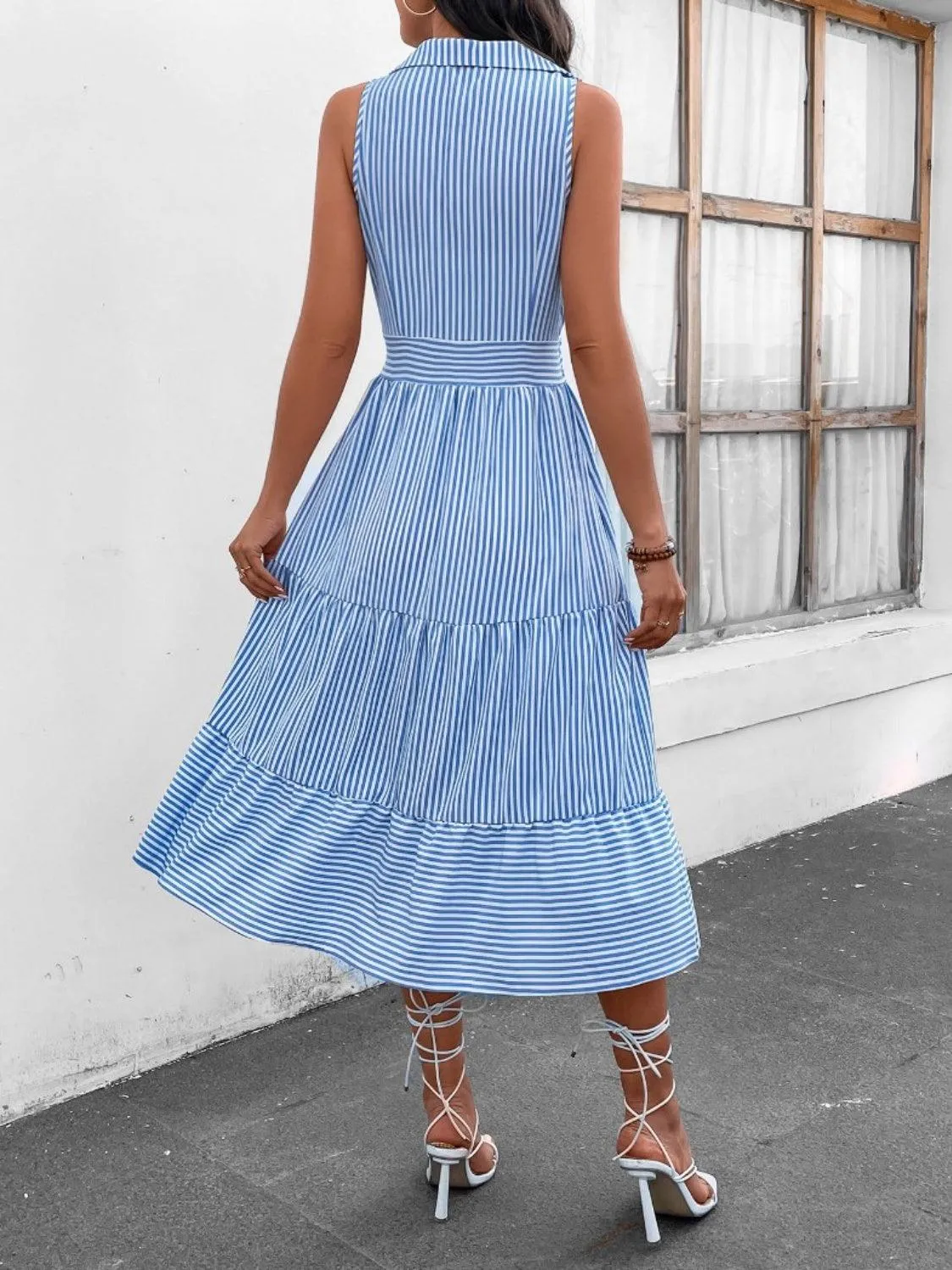 Fashion Forward Striped Collared Sleeveless Midi Dress