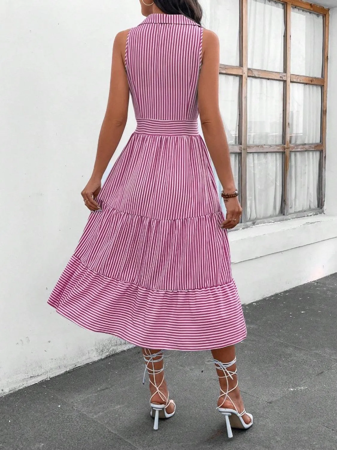 Fashion Forward Striped Collared Sleeveless Midi Dress