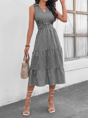 Fashion Forward Striped Collared Sleeveless Midi Dress
