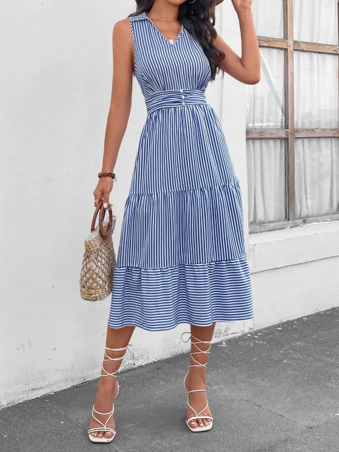Fashion Forward Striped Collared Sleeveless Midi Dress