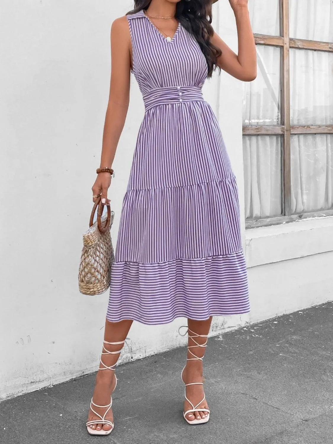 Fashion Forward Striped Collared Sleeveless Midi Dress