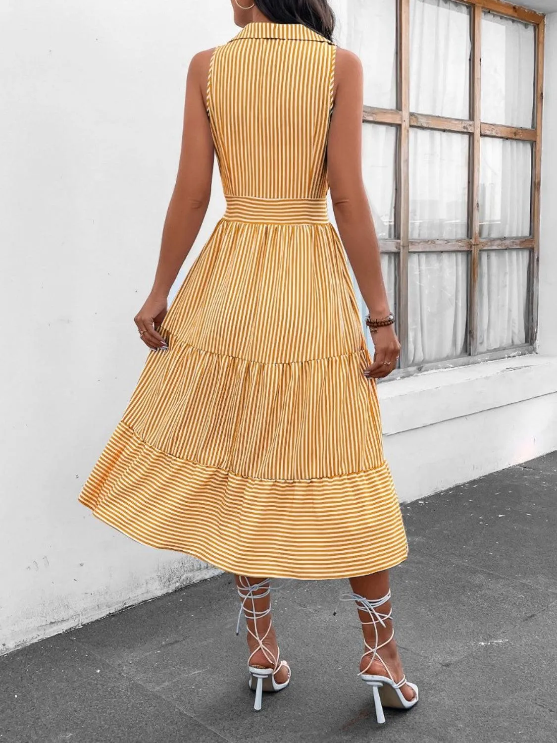 Fashion Forward Striped Collared Sleeveless Midi Dress