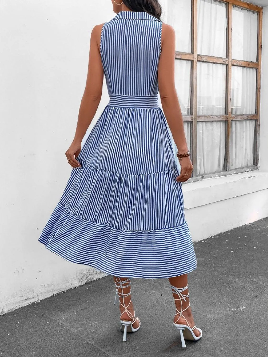 Fashion Forward Striped Collared Sleeveless Midi Dress