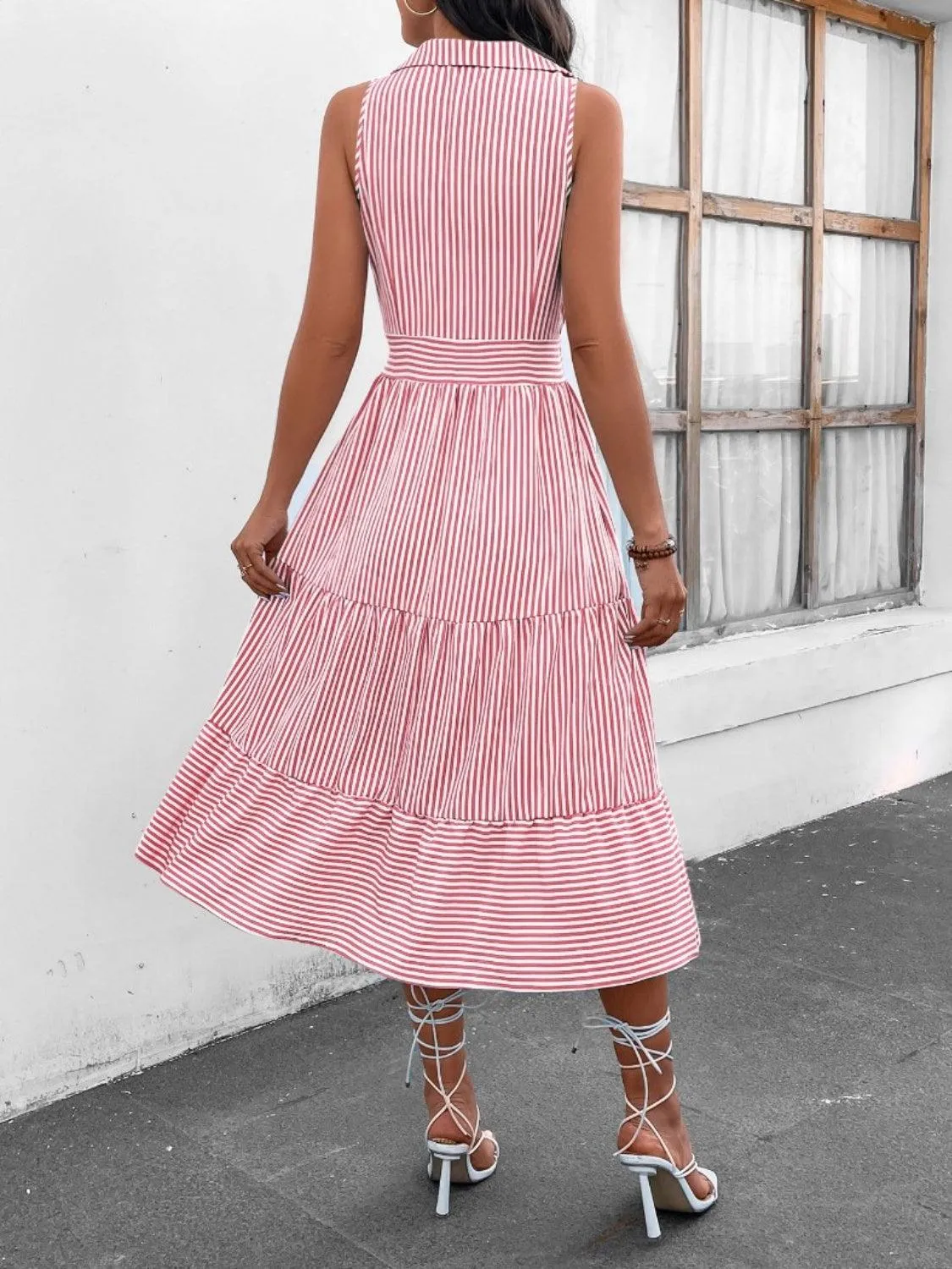 Fashion Forward Striped Collared Sleeveless Midi Dress