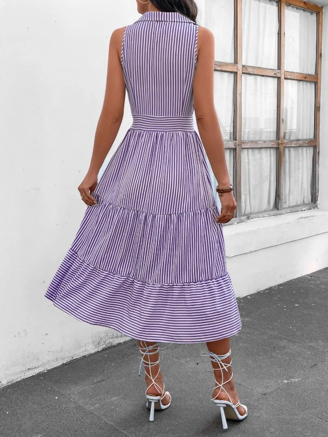 Fashion Forward Striped Collared Sleeveless Midi Dress