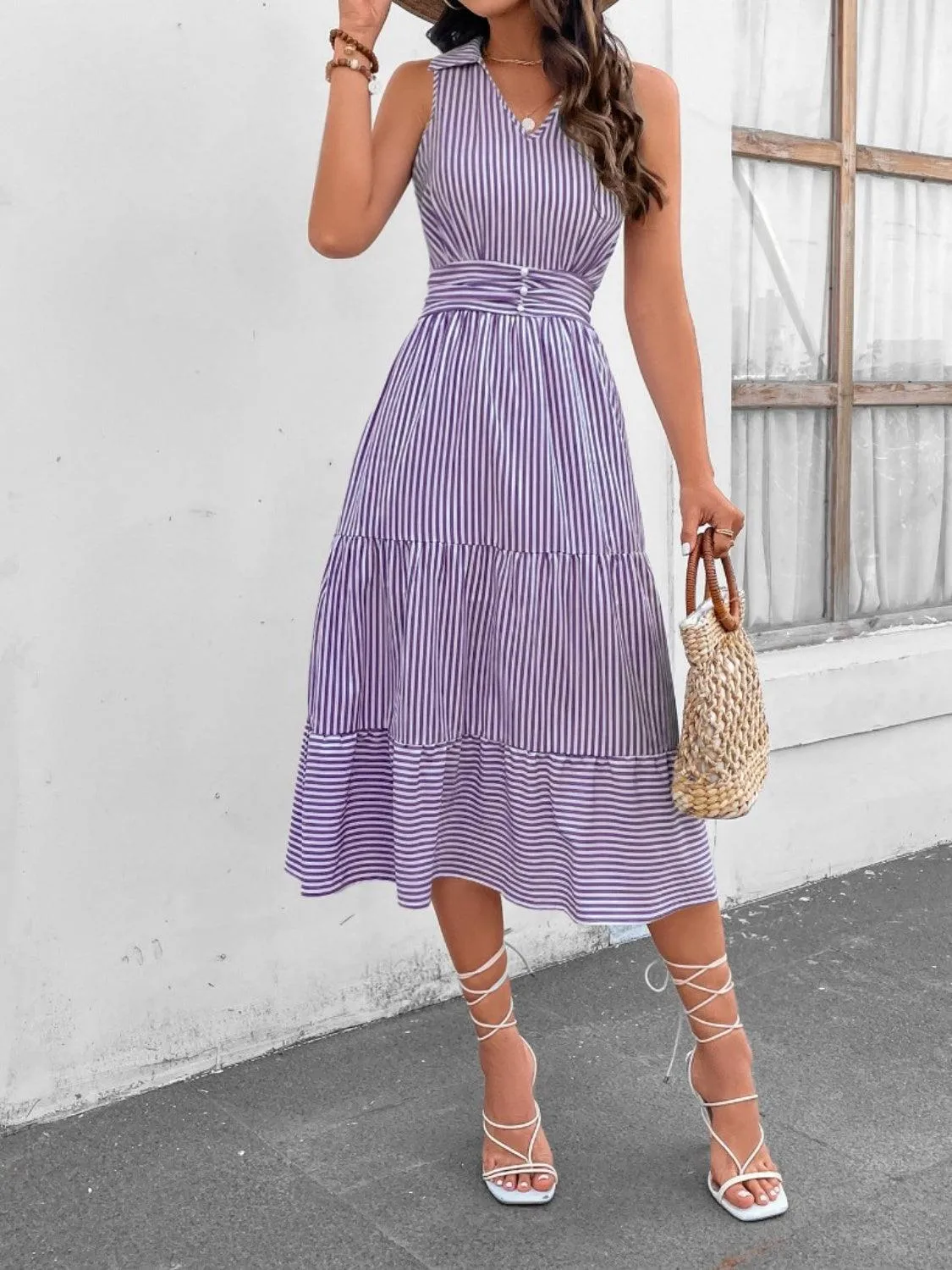 Fashion Forward Striped Collared Sleeveless Midi Dress