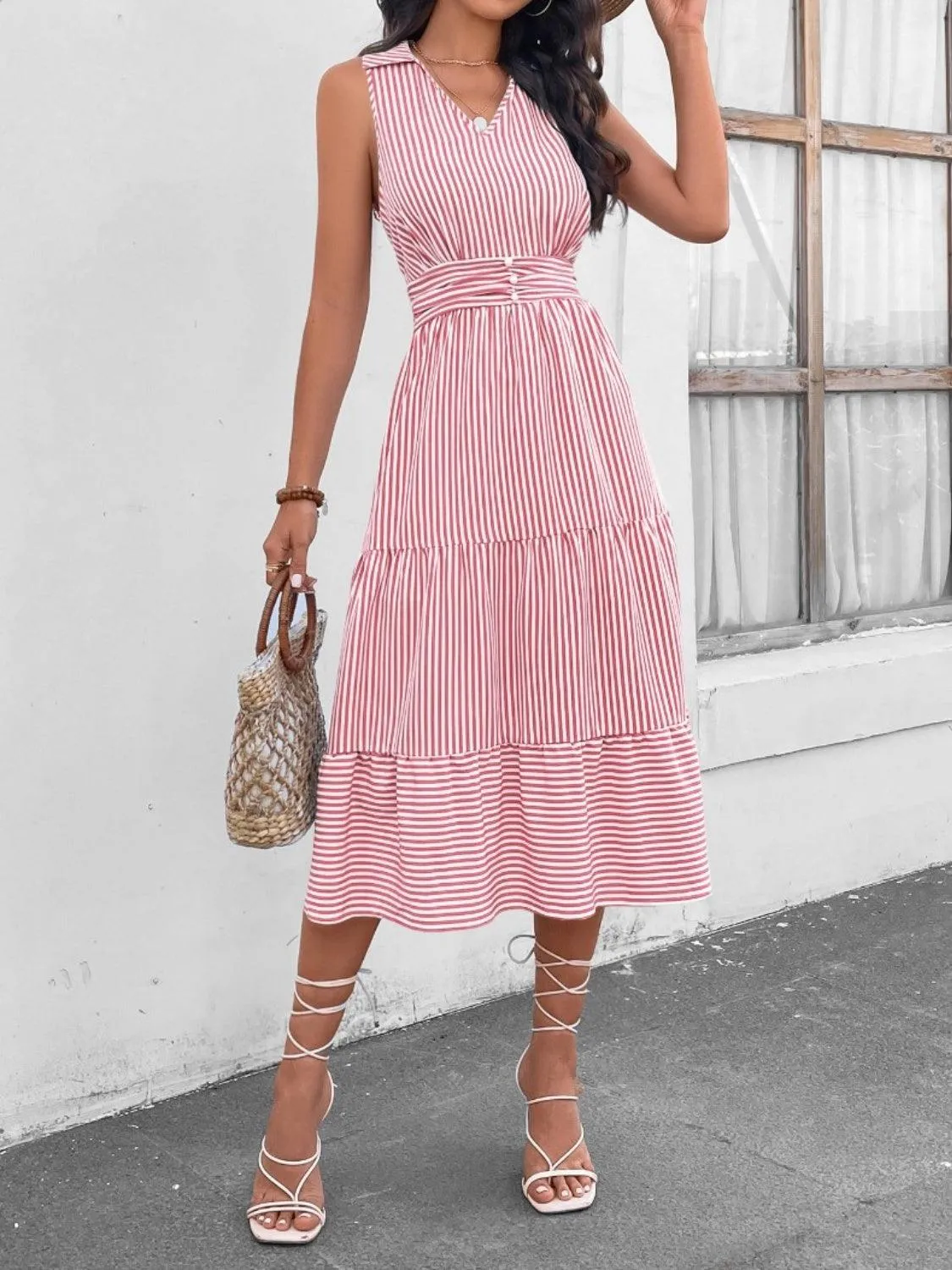 Fashion Forward Striped Collared Sleeveless Midi Dress