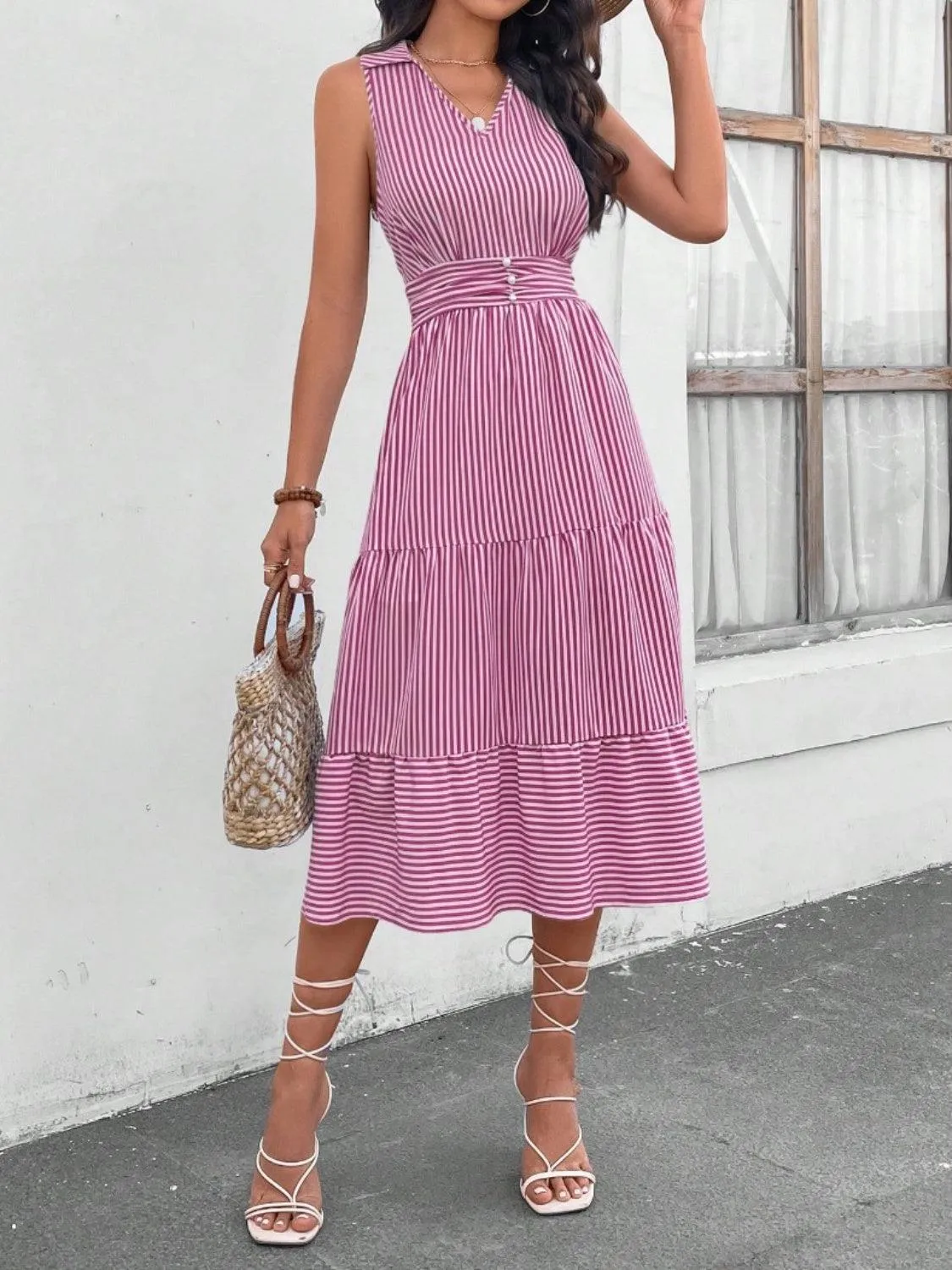 Fashion Forward Striped Collared Sleeveless Midi Dress