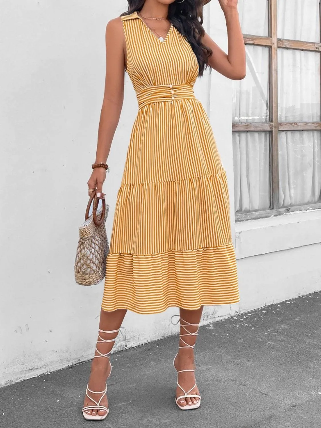 Fashion Forward Striped Collared Sleeveless Midi Dress