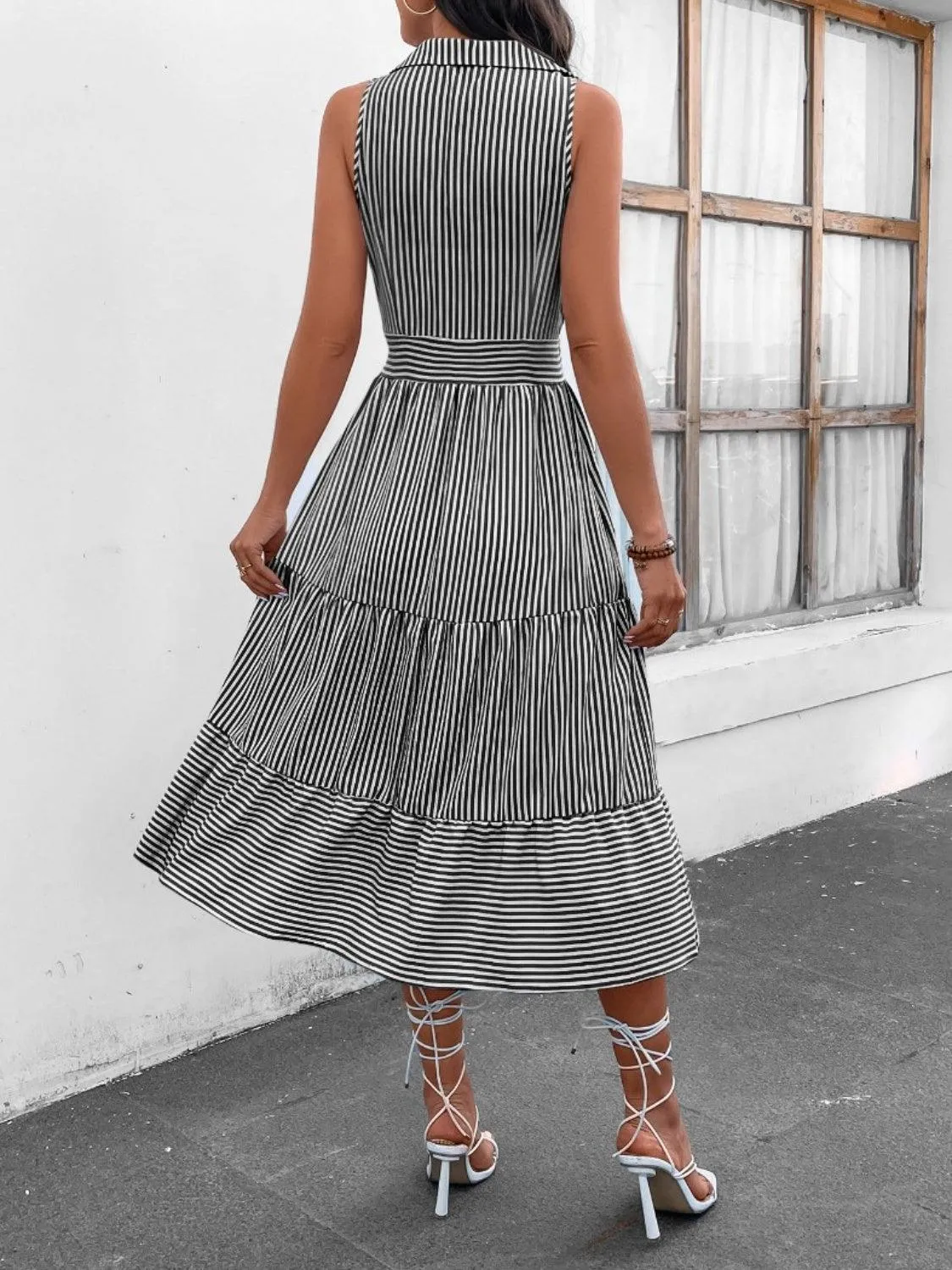 Fashion Forward Striped Collared Sleeveless Midi Dress