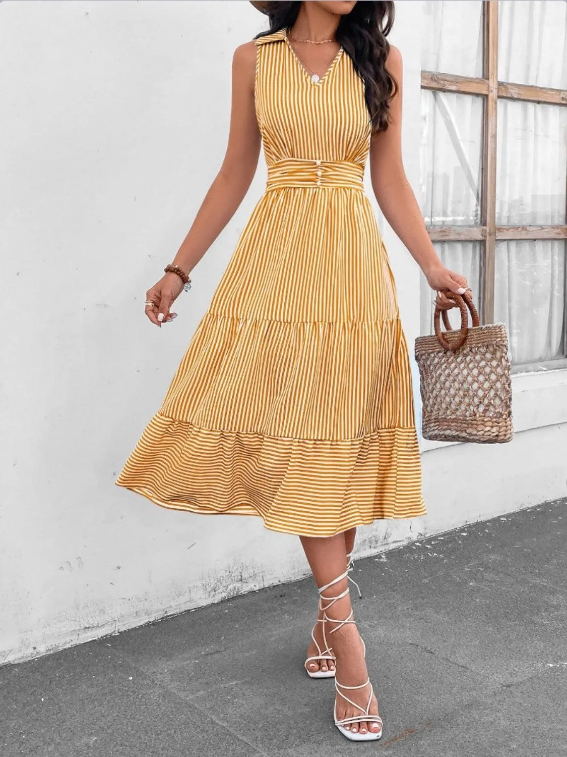 Fashion Forward Striped Collared Sleeveless Midi Dress