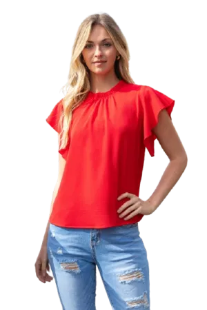 Fold Frill Neckline Butterfly Sleeve Solid Top Red - Pack of 6
