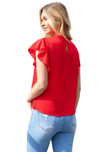 Fold Frill Neckline Butterfly Sleeve Solid Top Red - Pack of 6