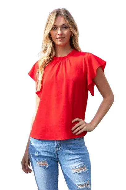 Fold Frill Neckline Butterfly Sleeve Solid Top Red - Pack of 6