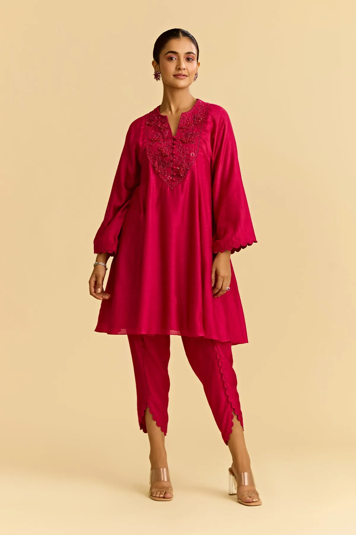 Fuschia Silk Short Kurta With Tulip Pants