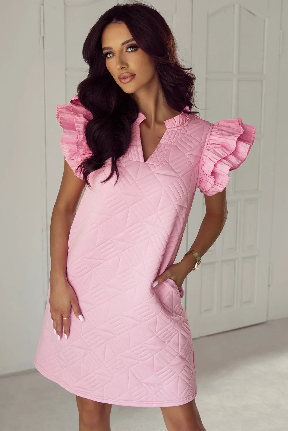 Geometric Pattern Shift Dress with Pleated Sleeves