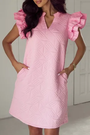 Geometric Pattern Shift Dress with Pleated Sleeves