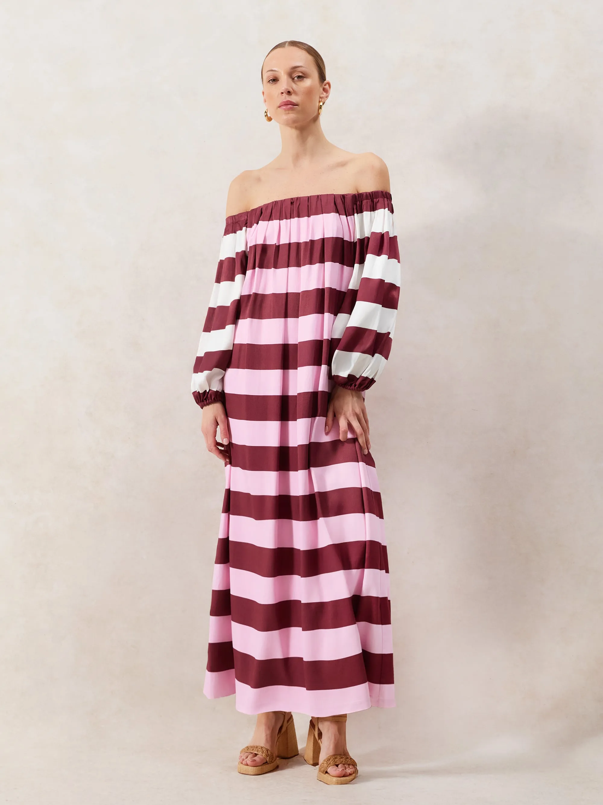 Gigi Pink Striped Bardot Maxi Dress