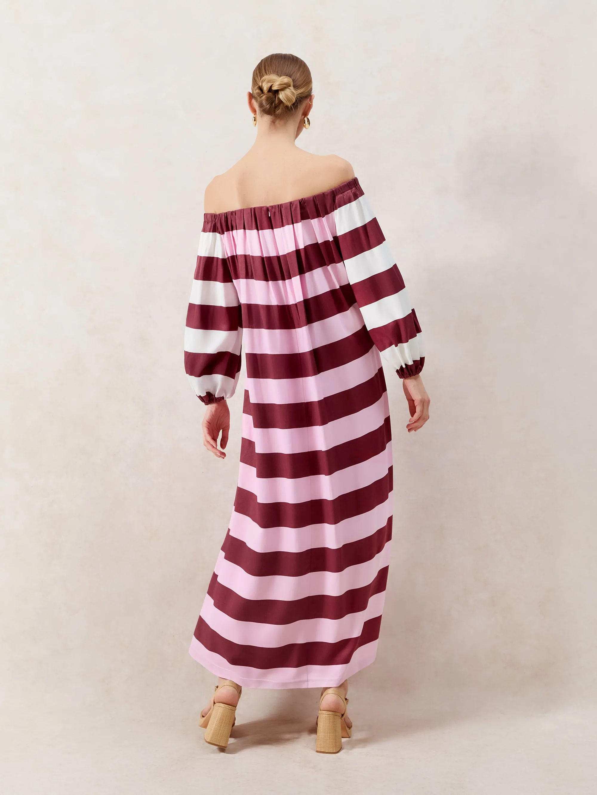 Gigi Pink Striped Bardot Maxi Dress