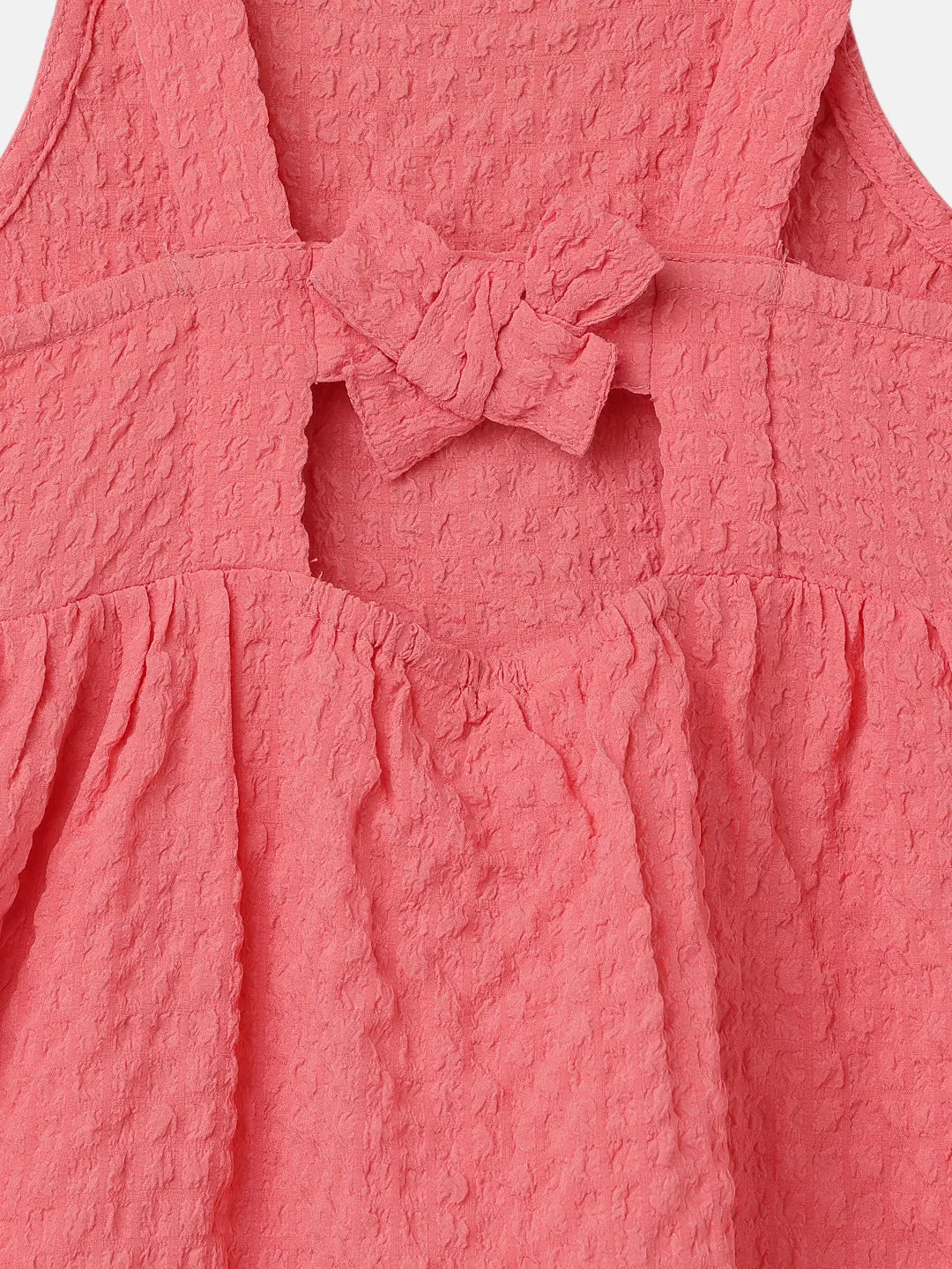 Girls Solid Red Crinkle Casual Dress