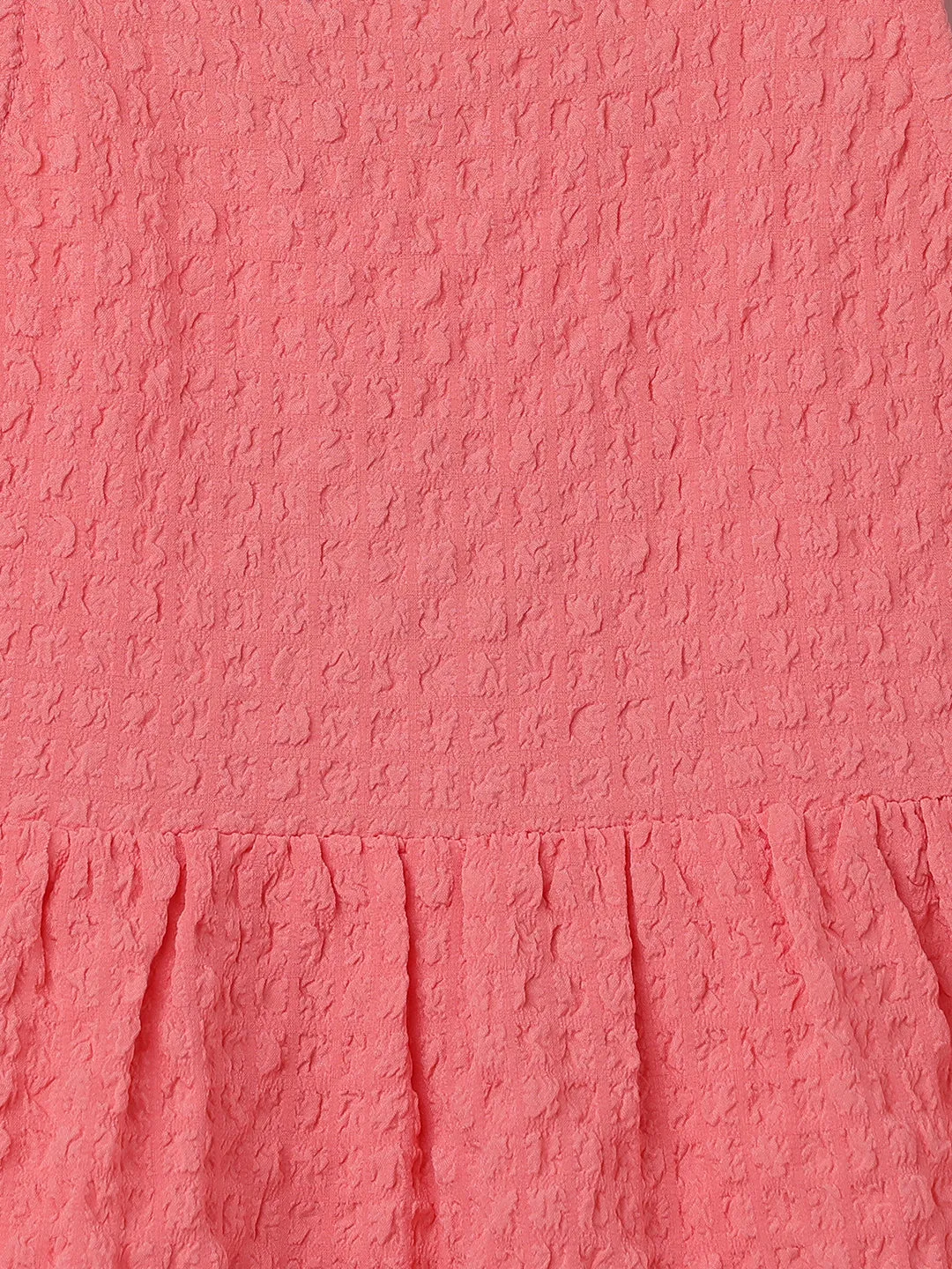 Girls Solid Red Crinkle Casual Dress
