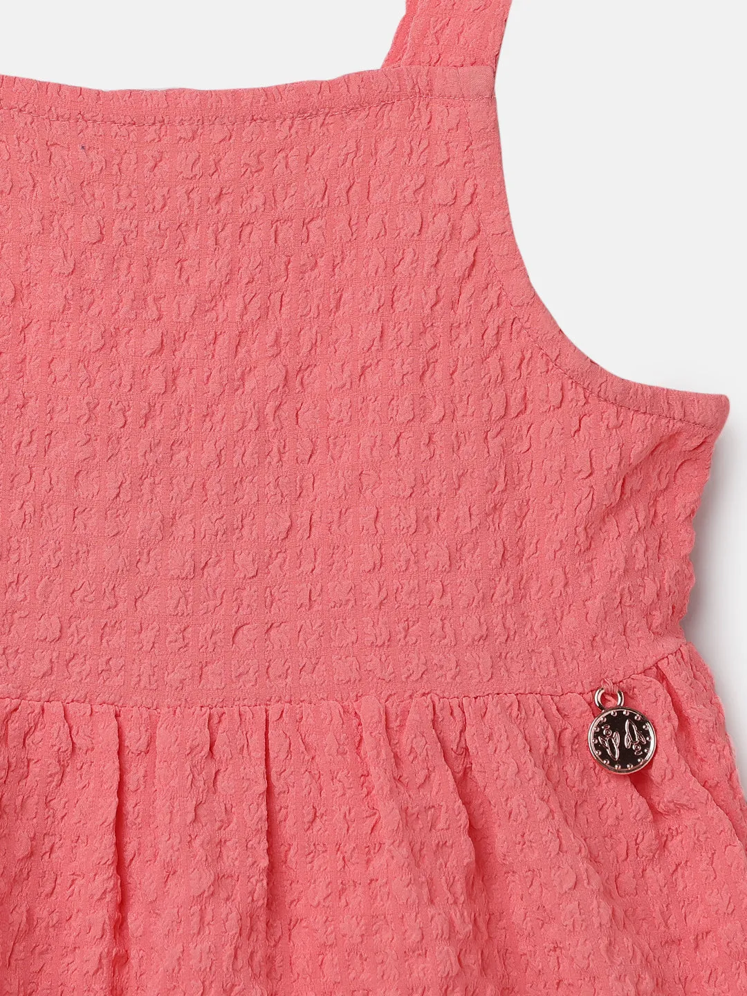 Girls Solid Red Crinkle Casual Dress
