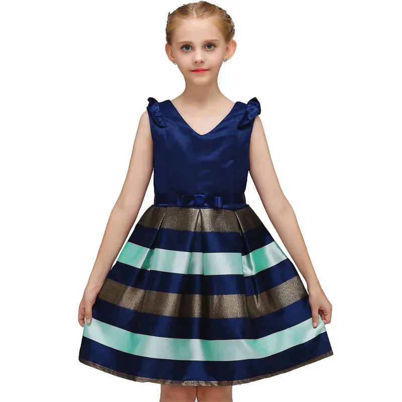 Girls Striped Flying Sleeve Bow Knot Colored Dress Birthday Party Wedding Flower