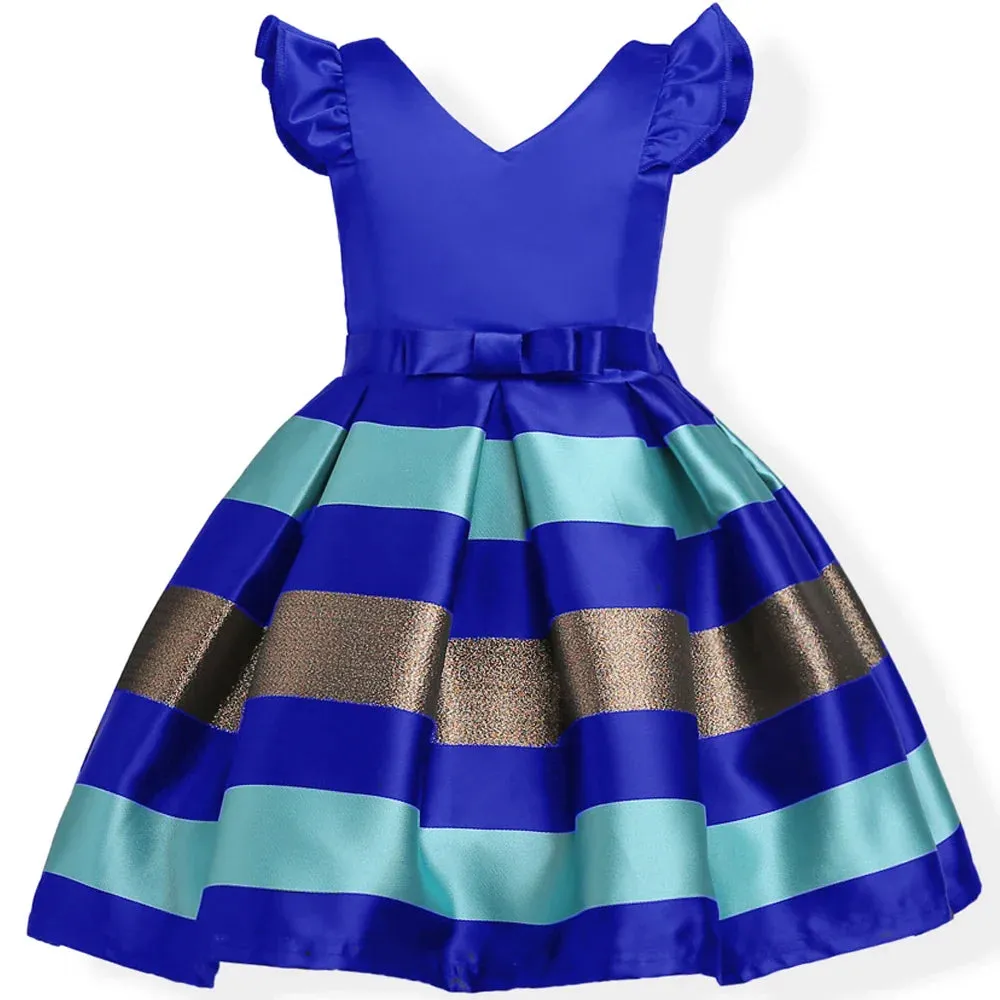 Girls Striped Flying Sleeve Bow Knot Colored Dress Birthday Party Wedding Flower