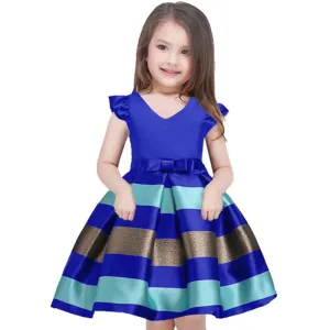 Girls Striped Flying Sleeve Bow Knot Colored Dress Birthday Party Wedding Flower