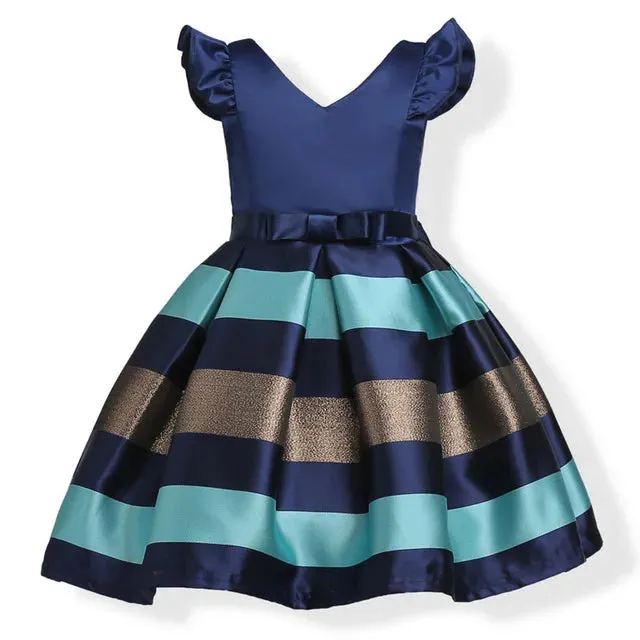Girls Striped Flying Sleeve Bow Knot Colored Dress Birthday Party Wedding Flower