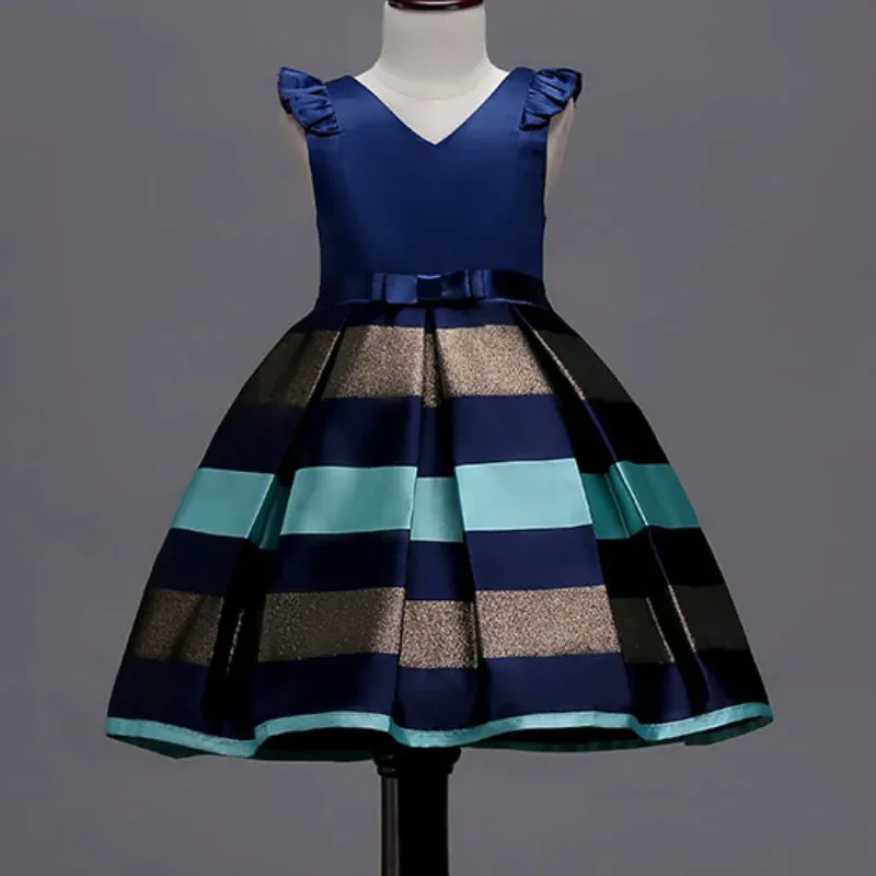 Girls Striped Flying Sleeve Bow Knot Colored Dress Birthday Party Wedding Flower