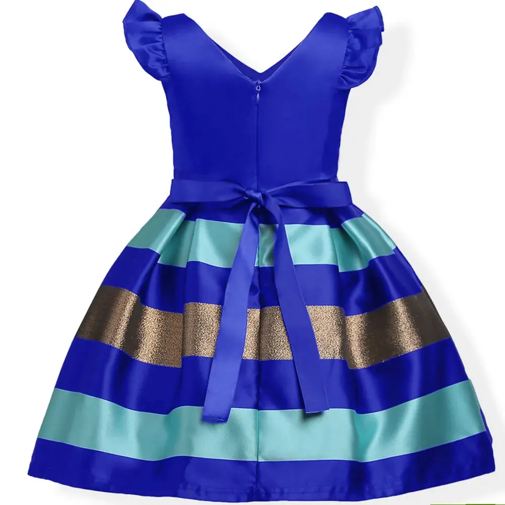 Girls Striped Flying Sleeve Bow Knot Colored Dress Birthday Party Wedding Flower