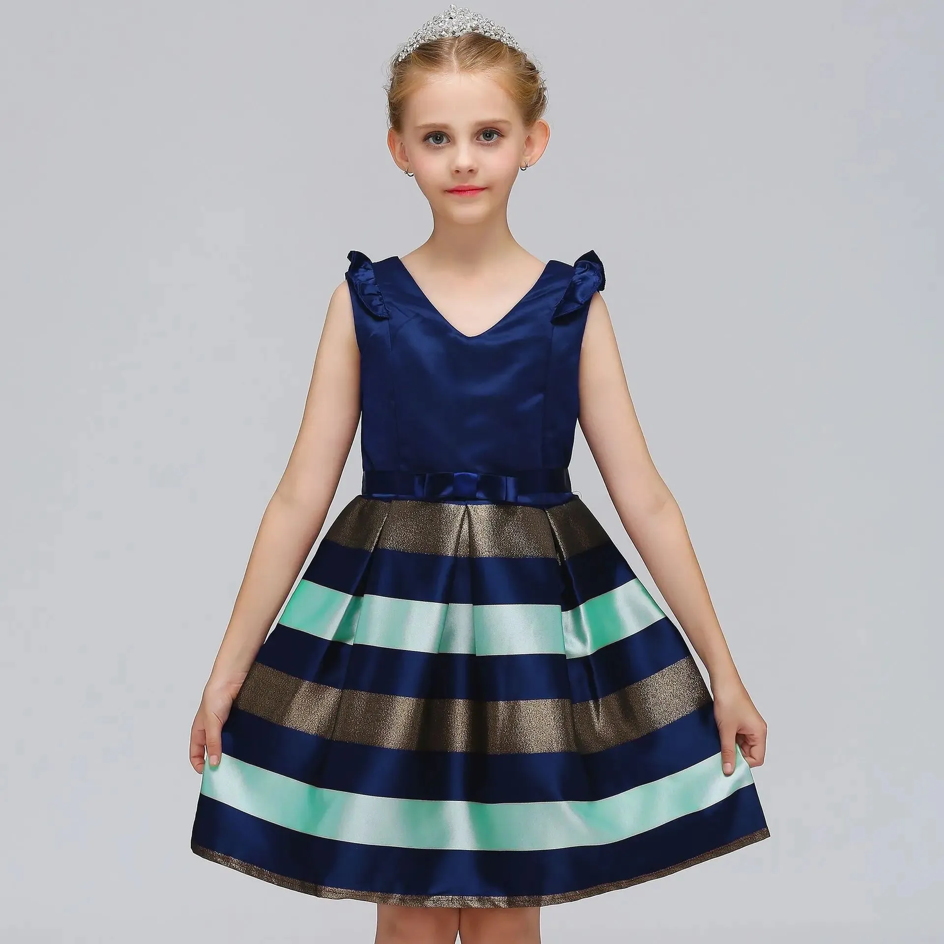 Girls Striped Flying Sleeve Bow Knot Colored Dress Birthday Party Wedding Flower