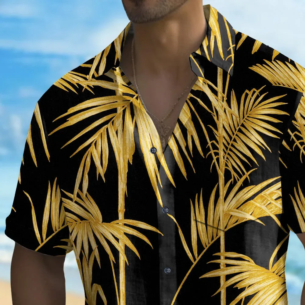 Gold Bamboo Leaf Print Bamboo Linen Short Sleeve Shirt