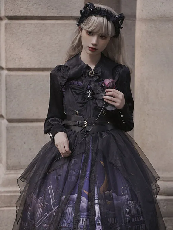 Gothic Lolita JSK Dress 3-Piece Set Polyester Cummerbund Cover-Up Jumper Black Lolita Jumper Skirt